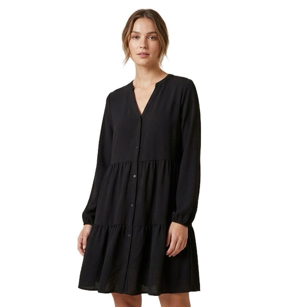 Nine West Black Tiered Button Front Long Sleeve Dress NWT